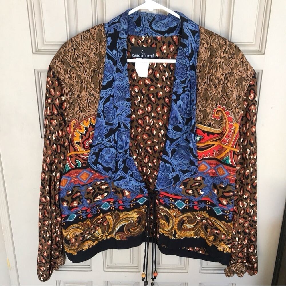 Vintage Boho Carol Little Jacket Multi-Print SzL Shoulder Pads Tie Front Crepe